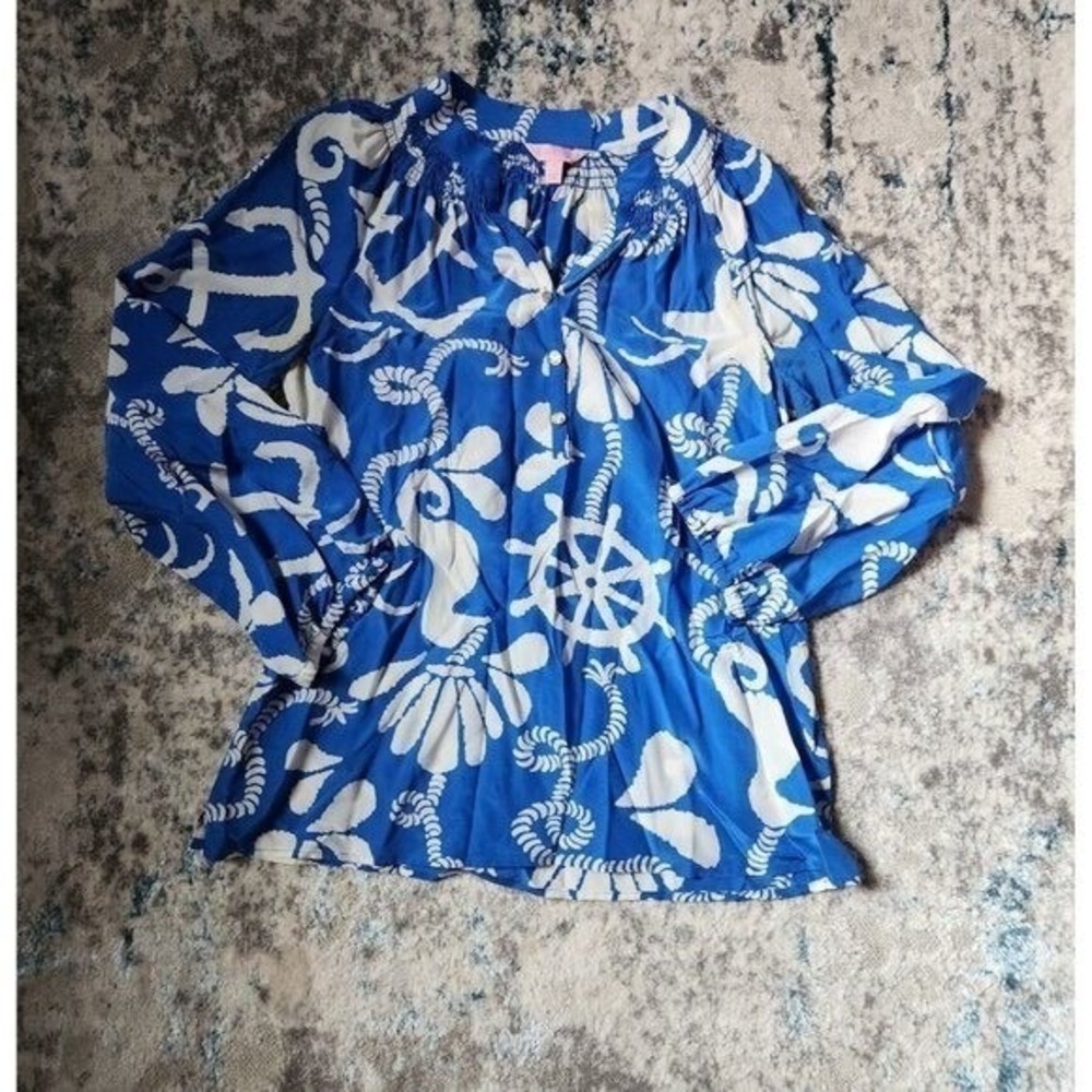 Lilly Pulitzer Women's Size Small Elsa Schooner Blue Dock Hopper Silk Top